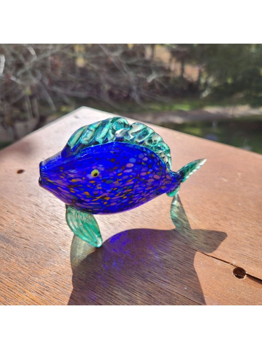 Signed Thames Glass Blue & Green Handblown Fish Figurine With colorful Accents